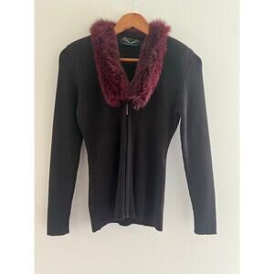 Angel Wool Blend Cardigan Sweater Black Red Faux Fur Collar Small JL